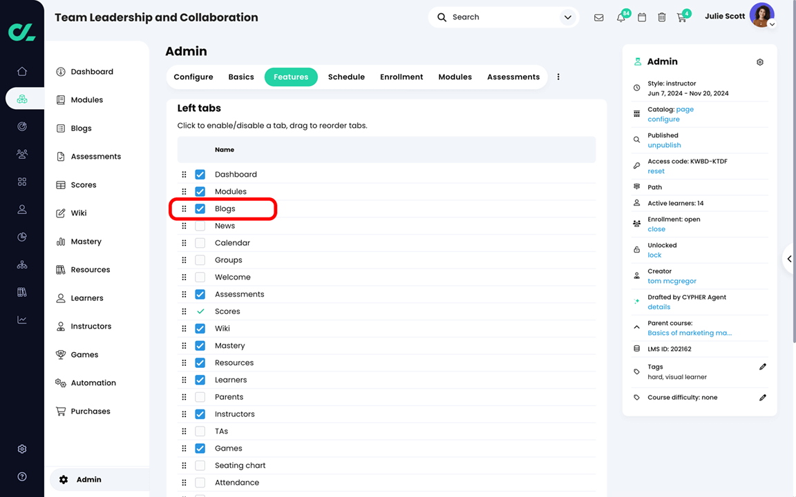 Course, Admin, Features page with the Blog feature selected