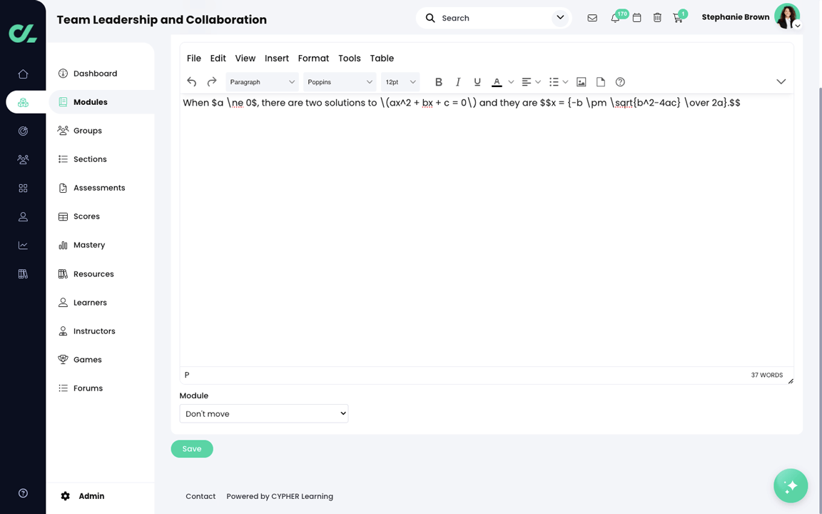 Course, Module, Section, Edit mode with text and mathematics with math delimiter examples entered