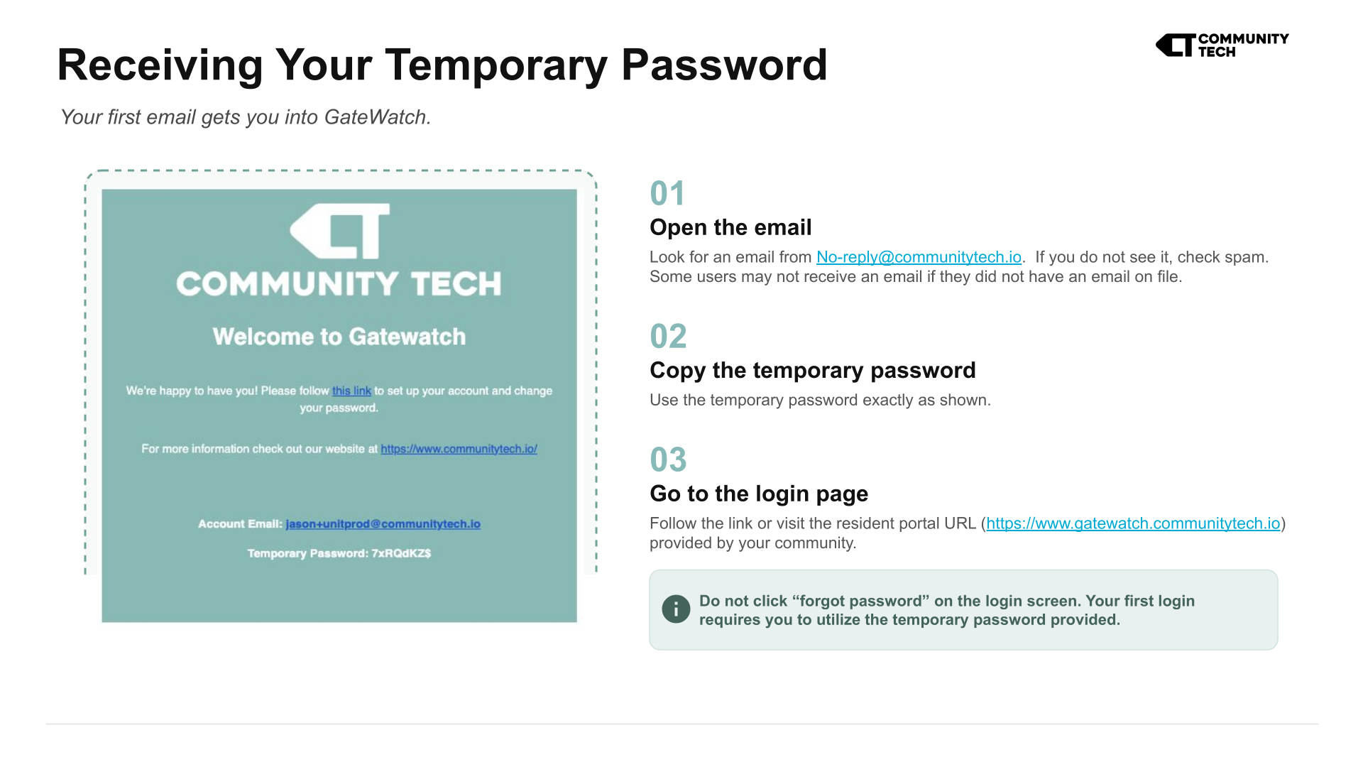 Receiving Your Temporary Password. Your first email gets you into GateWatch.