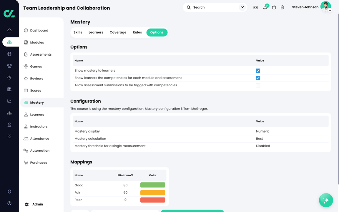 Course, Mastery, Options tab