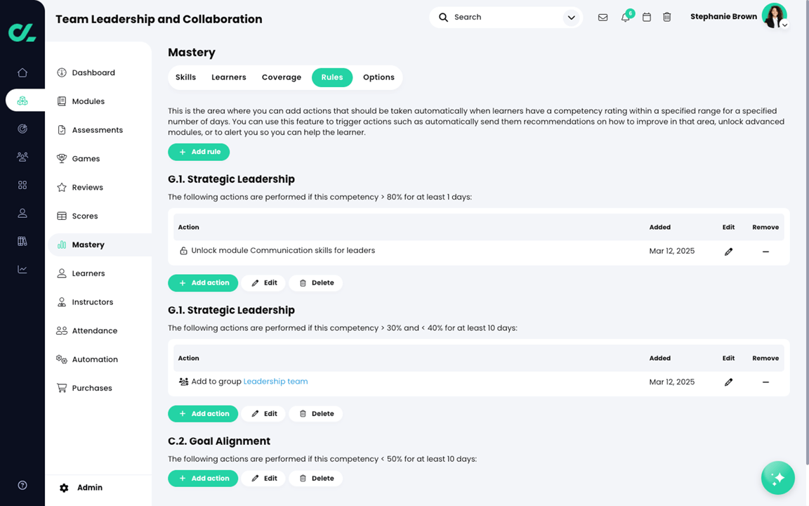 Course, Mastery, Rules tab with multiple rules and actions added