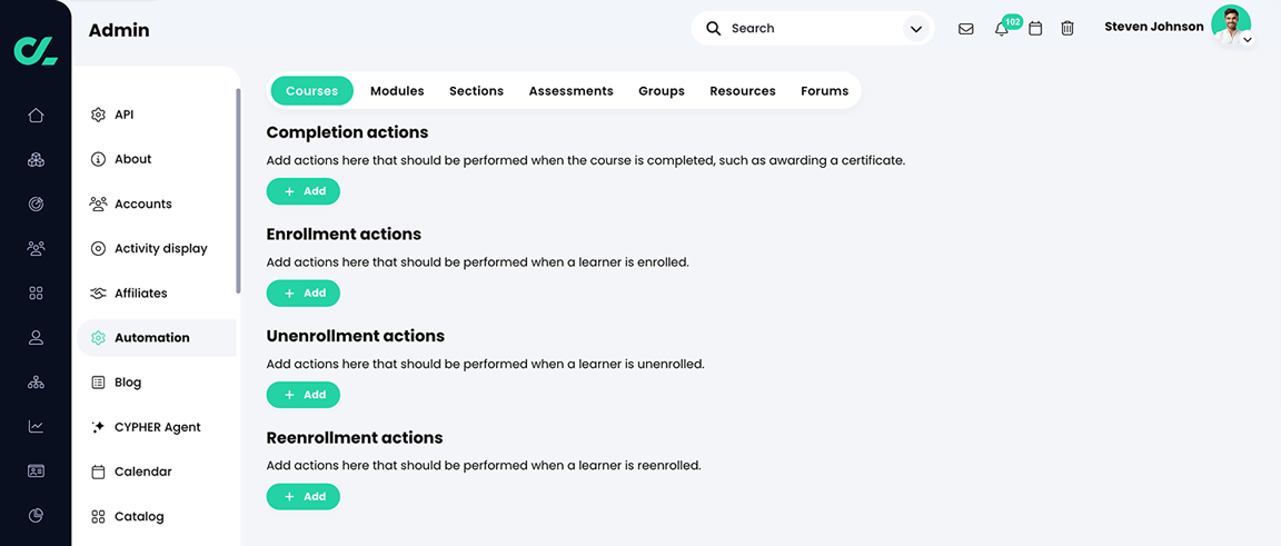 Admin, Automation, Courses tab