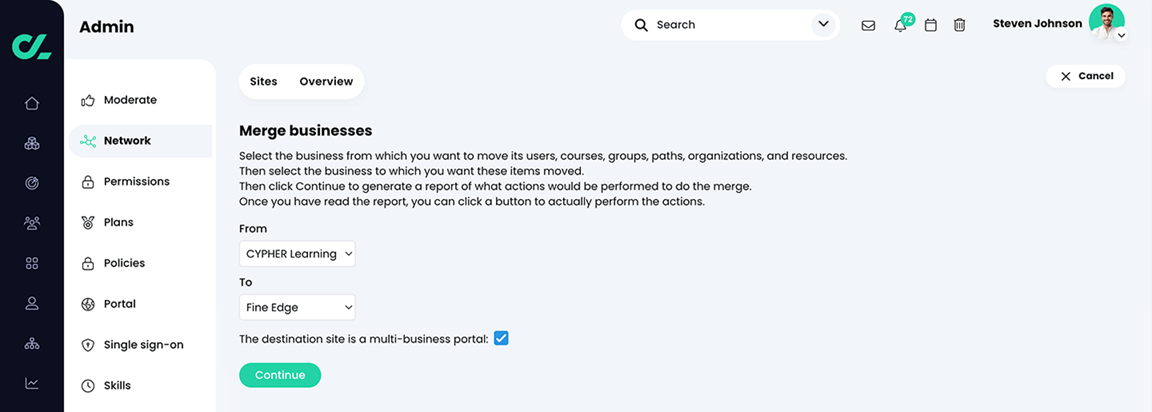 Admin, Network, Merge businesses page with a sample From and To network selected