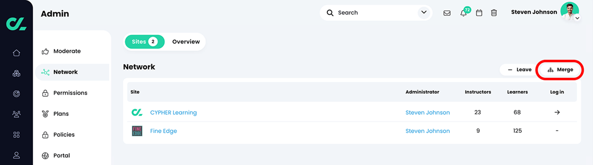 Admin, Network, Sites tab with the Merge button highlighted