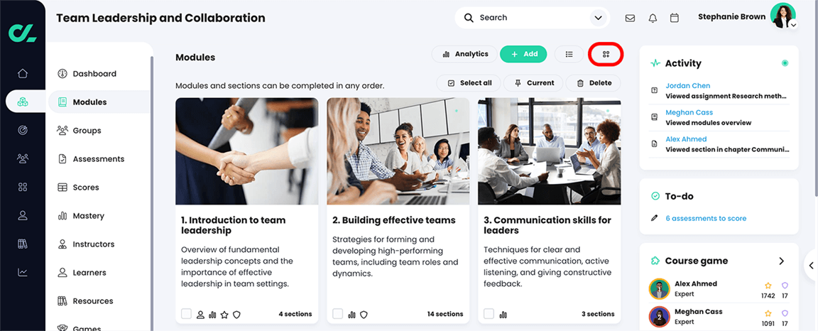 Course, Modules page with Edit widgets button highlighted