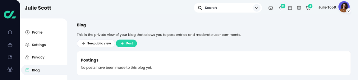 Profile, Blog page showing no postings made yet