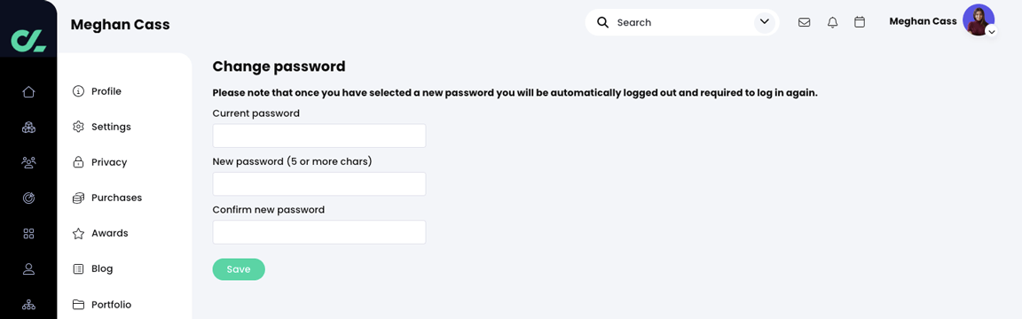 Change password screen with password requirements showing in parentheses for the new password