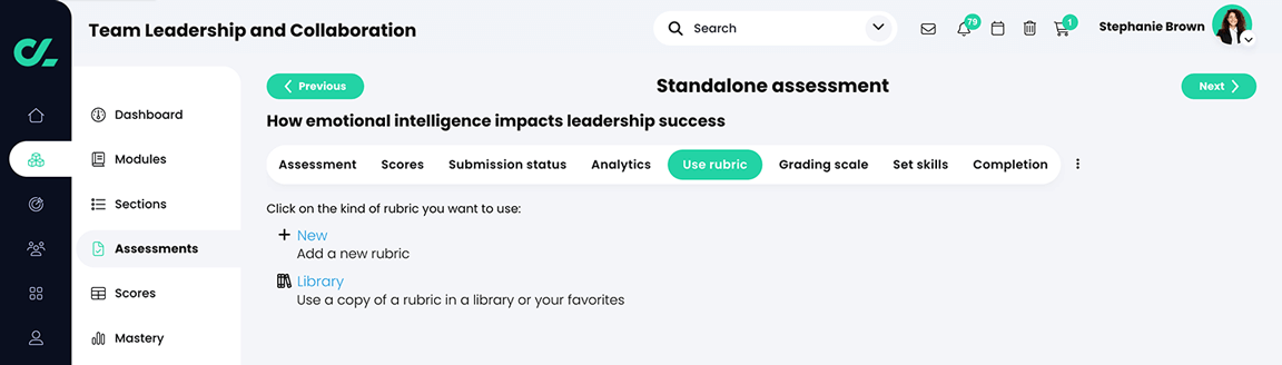 Course, Assessments, Essay Assessment, Use rubric tab