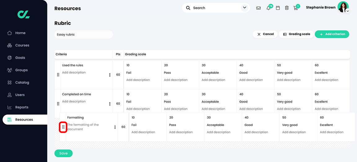 Resources, Rubric with the reorder icon highlighted on a criterion cell