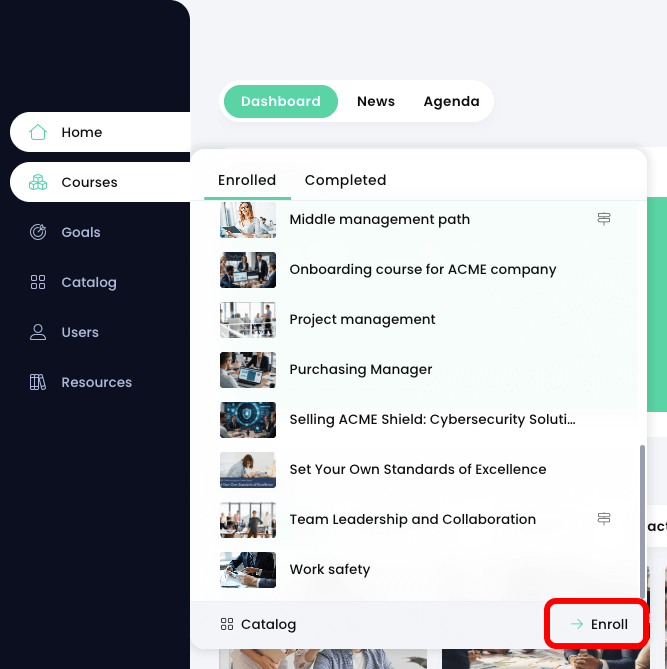 Learner home dashboard with the Courses menu active and the Enroll button highlighted
