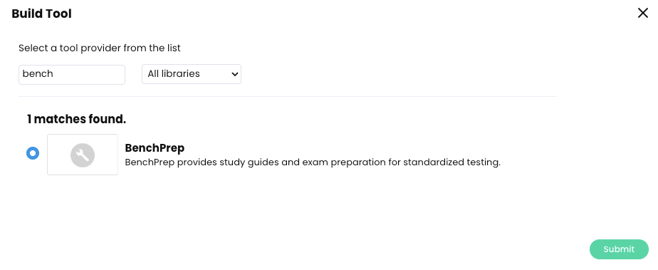 Build Tool pop-up with a tool selected