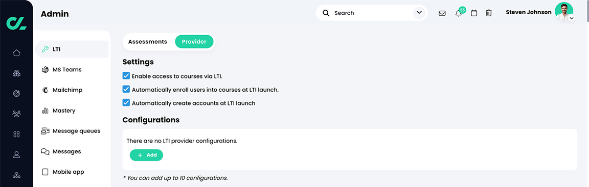 Admin, LTI, Provider tab with all Settings enabled