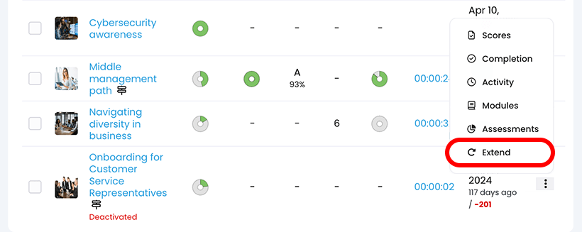 Profile page, Enrolled tab with the Extend button highlighted on the More menu for a course