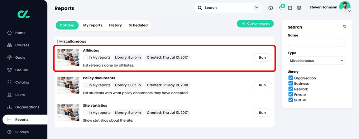 Reports, Catalog, Miscellaneous page with the Affiliates report highlighted