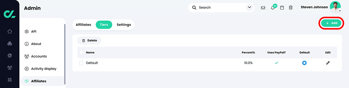 Admin, Affiliates, Tiers tab with the Add button highlighted