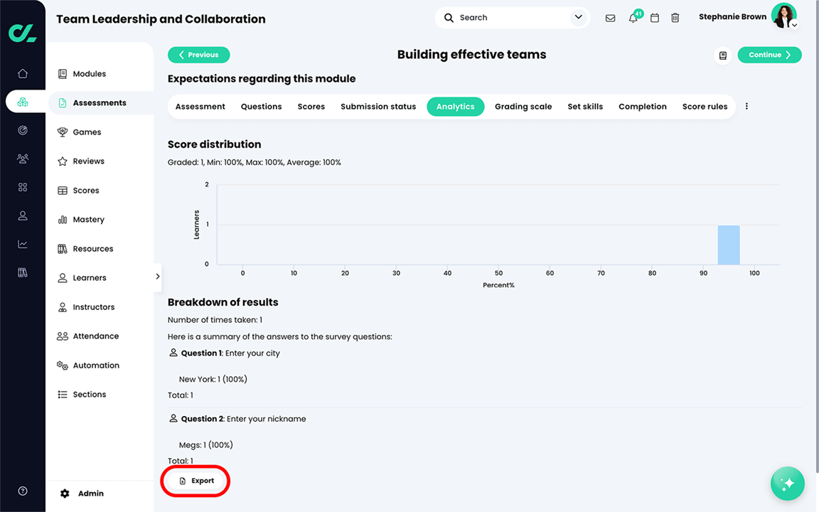 Course, Assessments, Survey assessment, Analytics tab with the Export button highlighted