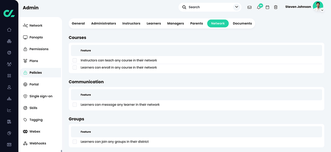 Admin, Policies, Network tab