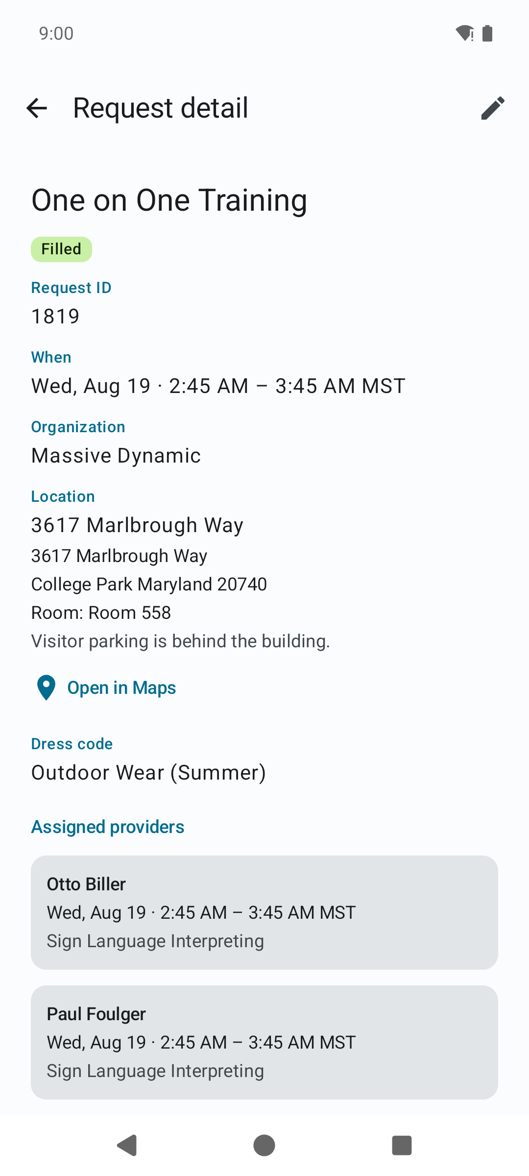 Request detail screen showing the event name, status chip, date and time, location, and the assigned service provider.
