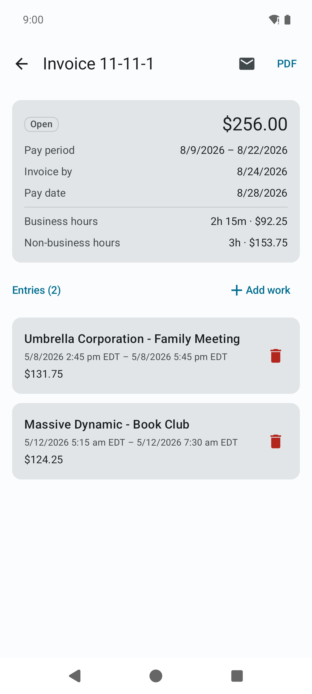 An open invoice summary showing the grand total, pay period dates, the Invoice by and Pay date lines, totals by category, and an entry list with Add work and per-entry remove icons.