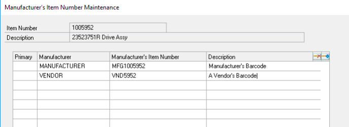 Dynamics GP Manufacturer's Item Number Maintenance Window