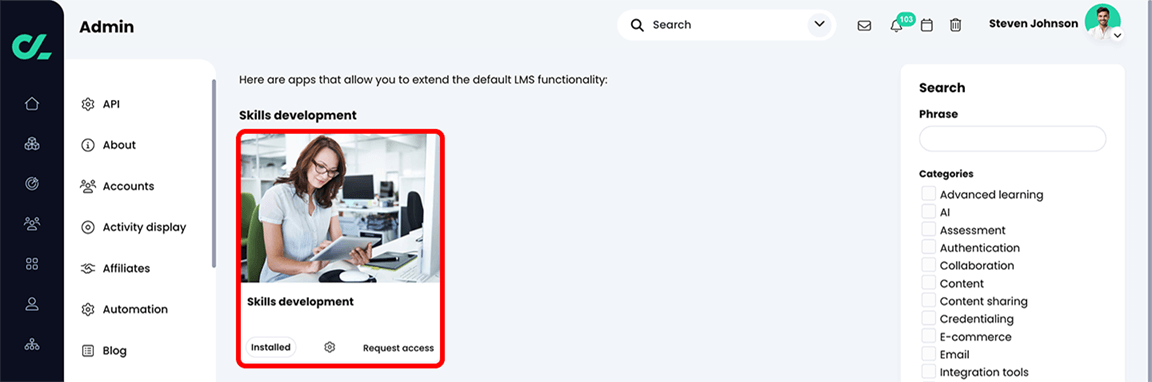 App center with the Skills development app highlighted