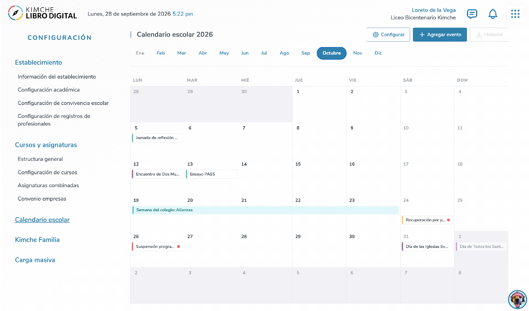 Calendario escolar con Configurar, Agregar evento e Historial.