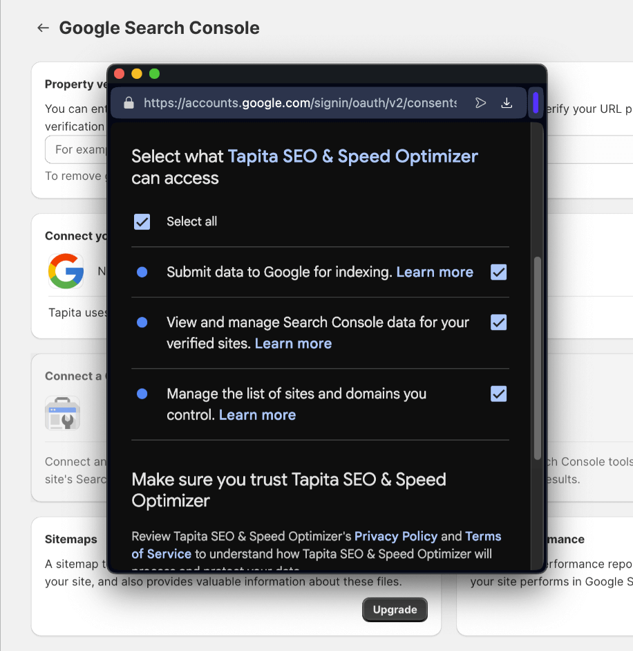 Connect your GSC account to Tapita SEO & Speed