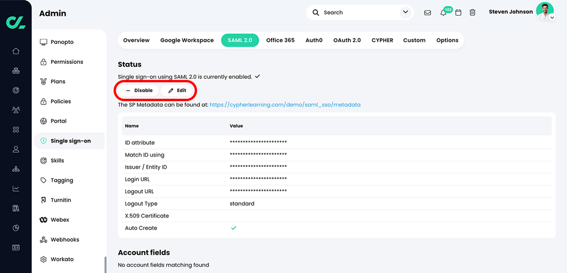 Admin, Single sign-on, SAML 2.0 page with SAML 2.0 enabled and the Disable and Edit buttons highlighted