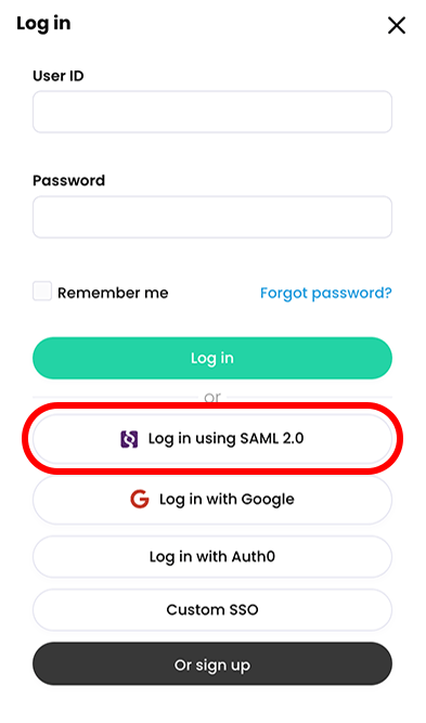 Log in pop-up with the Log in using SAML 2.0 button highlighted
