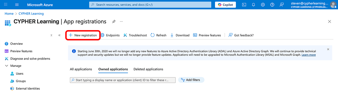 Microsoft Entra ID, App registrations page with the New registration button highlighted