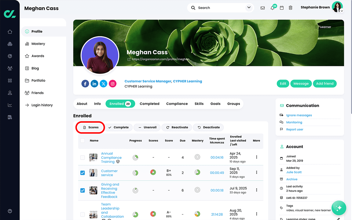 User profile, Enrolled tab with the Scores button highlighted