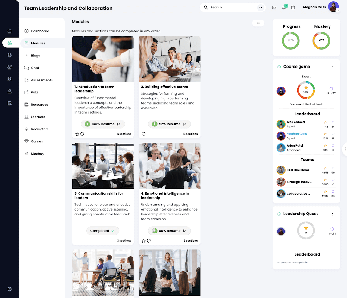 Course, Modules, tile view with widgets in the right panel