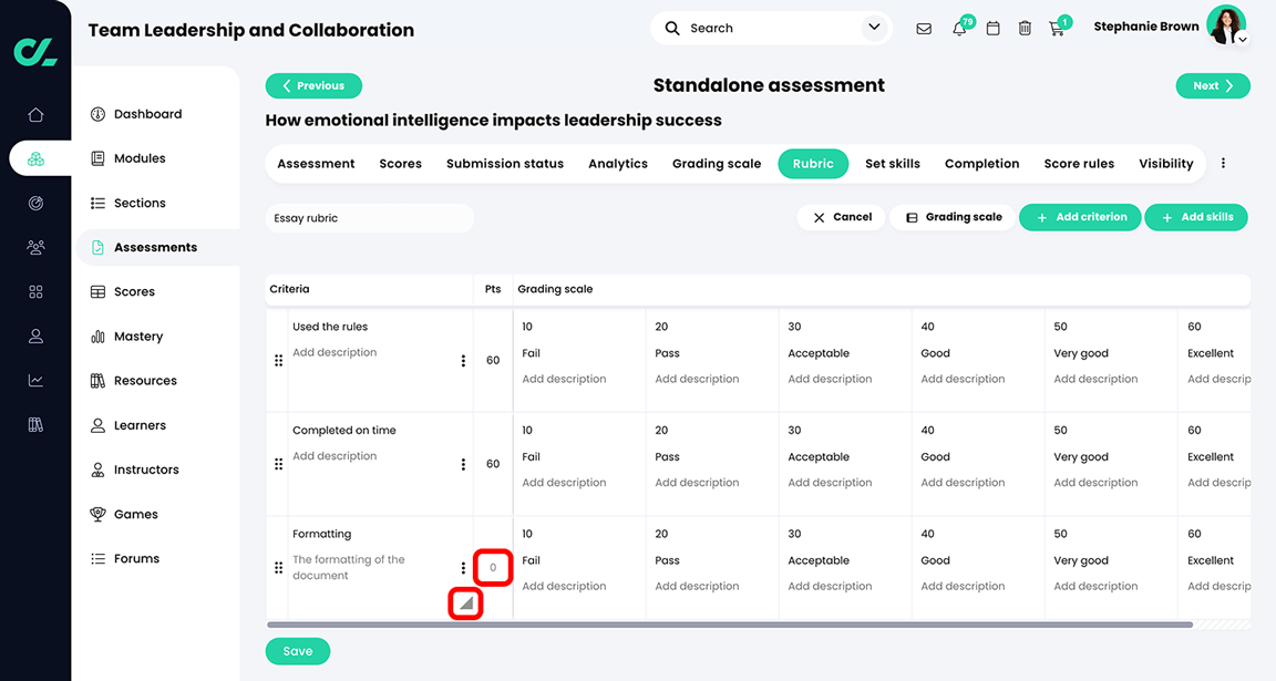 Course, Assessments, Essay Assessment, Rubric tab with the grayed out points and skills icon highlighted on a criterion cell that does not count towards the assessment score