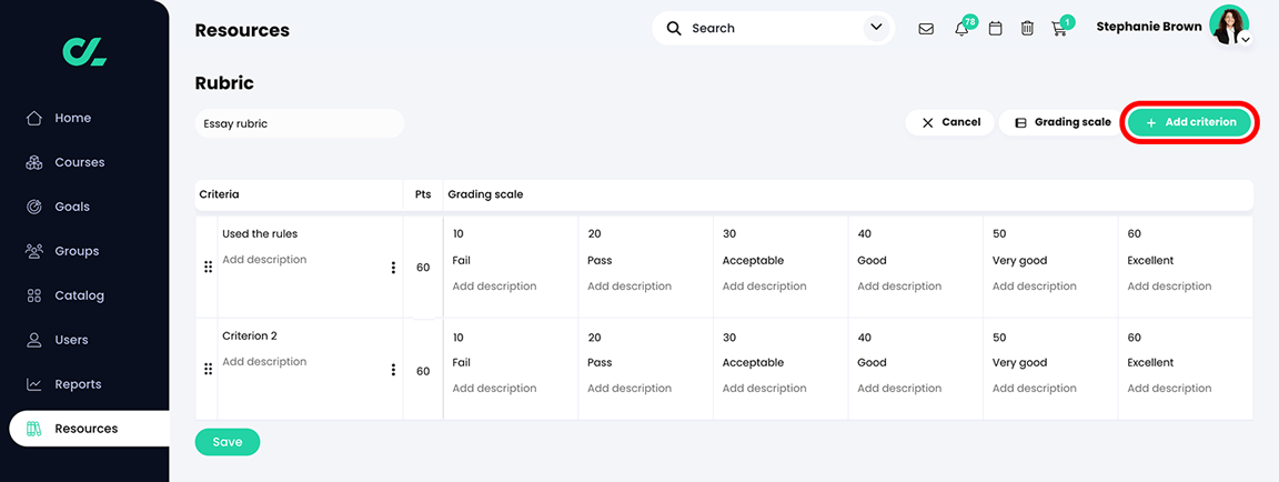 Resources, Rubric with the Add criterion button highlighted
