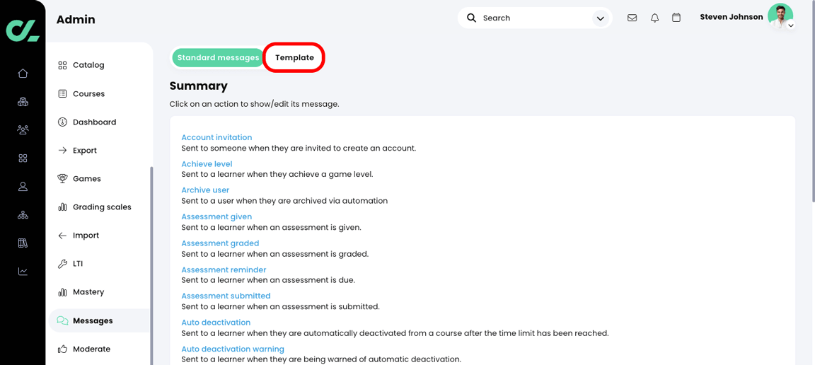 Admin, Messages with the Template tab highlighted