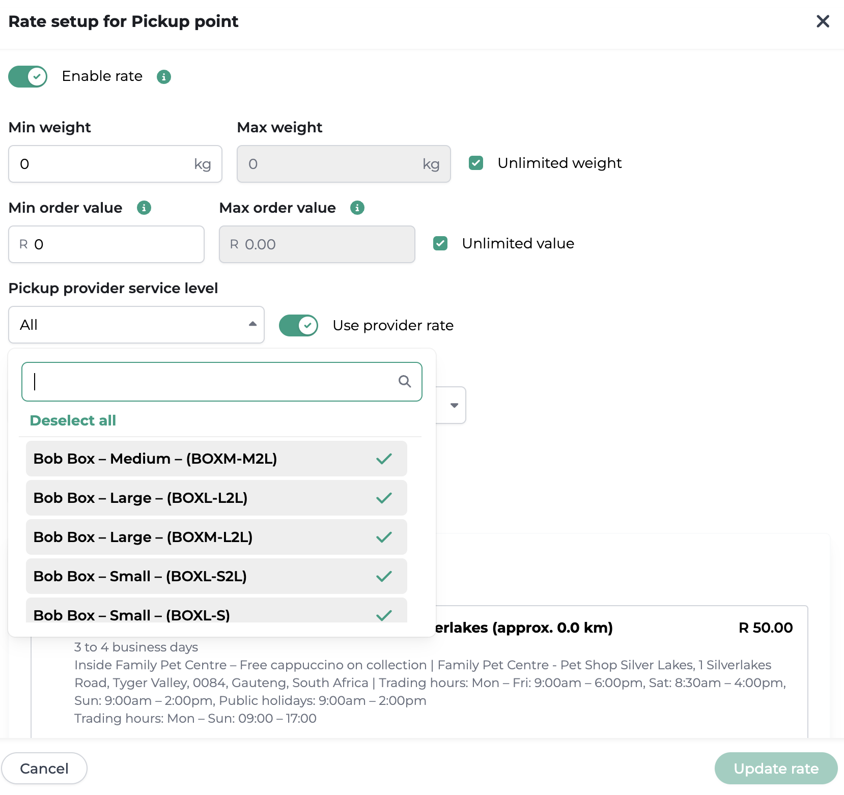 Pickup point configuration in Bob Go