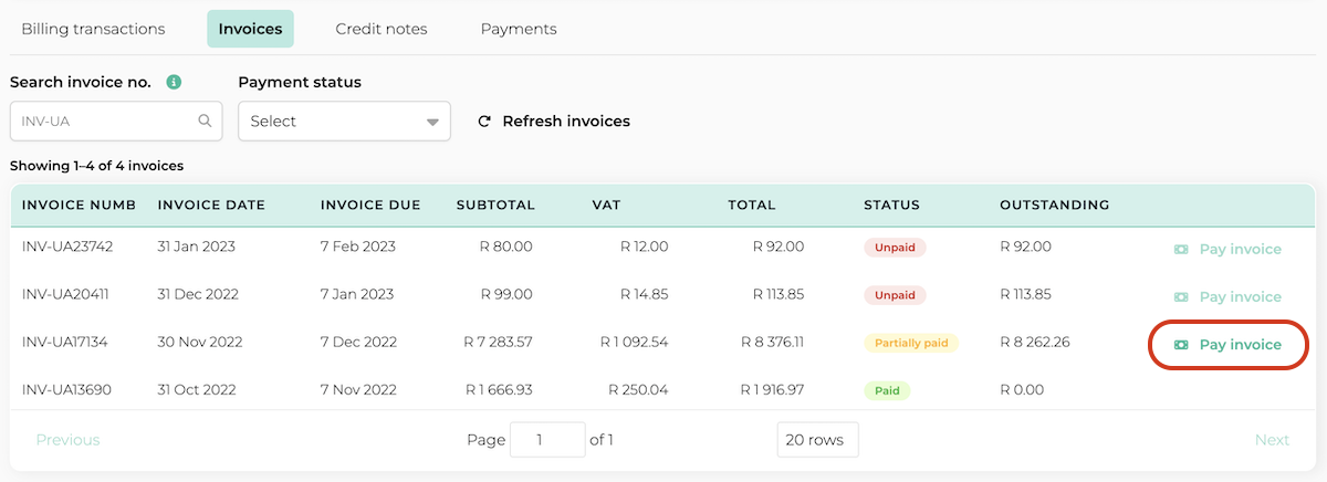 Pay an unpaid invoice in Bob Go