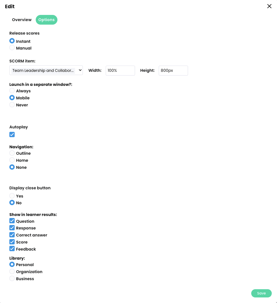 Edit SCORM assessment pop-up, Options tab