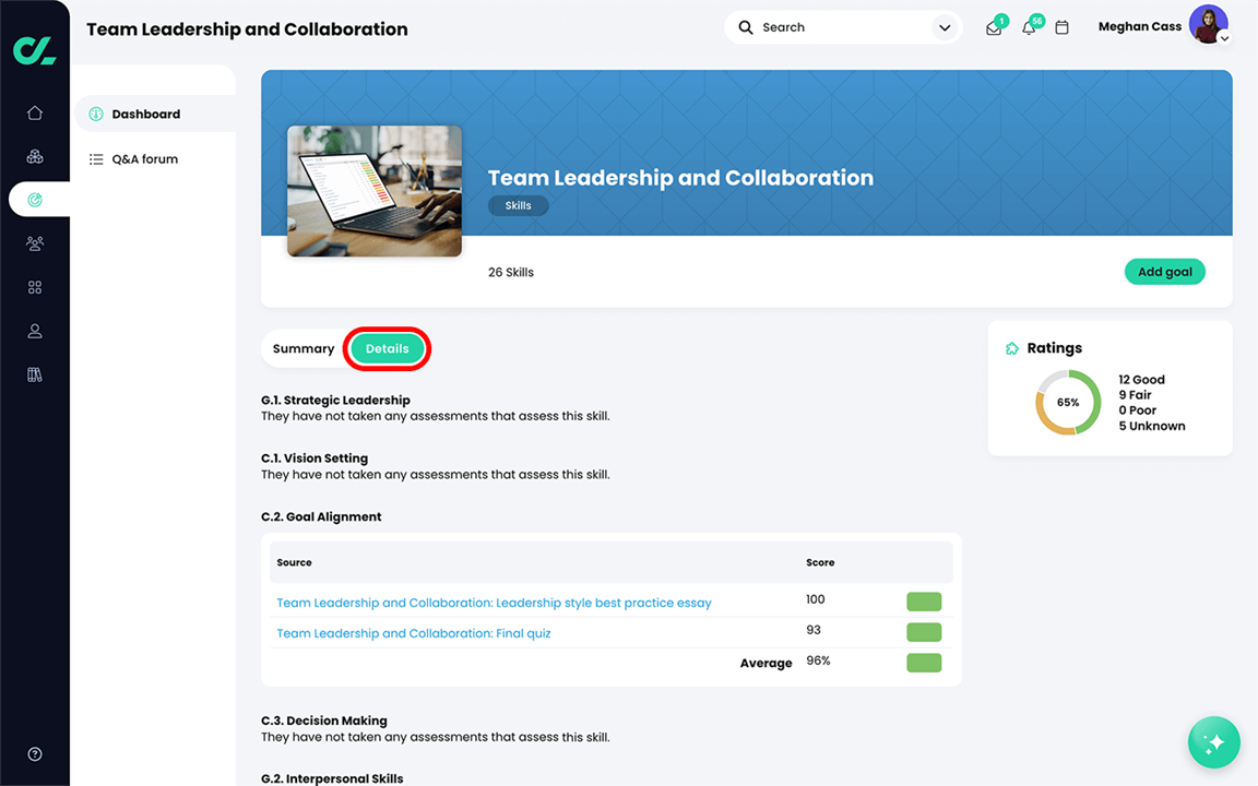 Learner, Course Skills page, Details tab