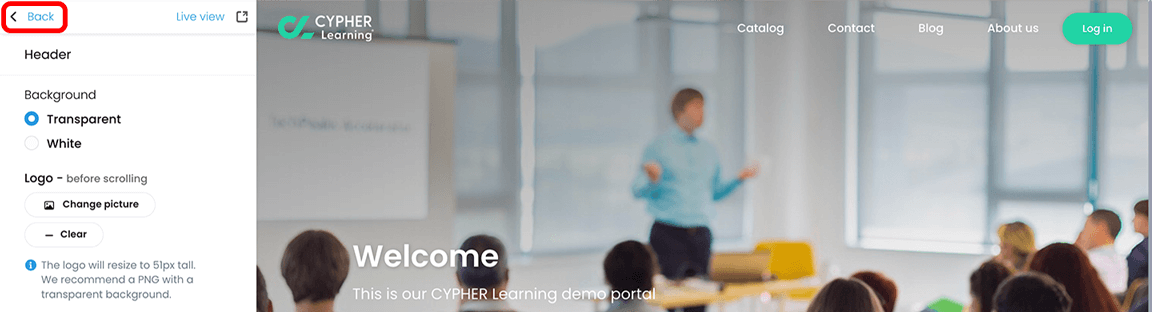 Portal visual editor, Header menu with the Back button highlighted