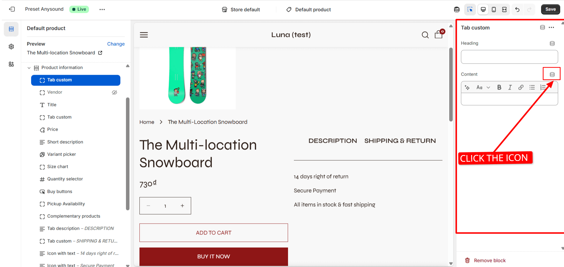 Click the icon next to the Content box