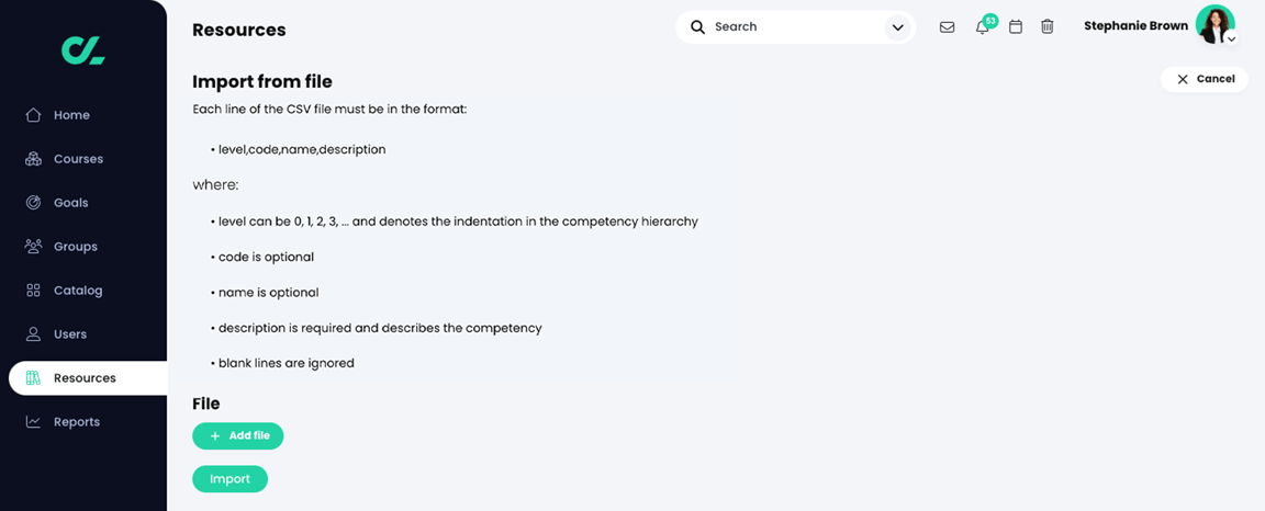 Resources, Add skills, Import from file page