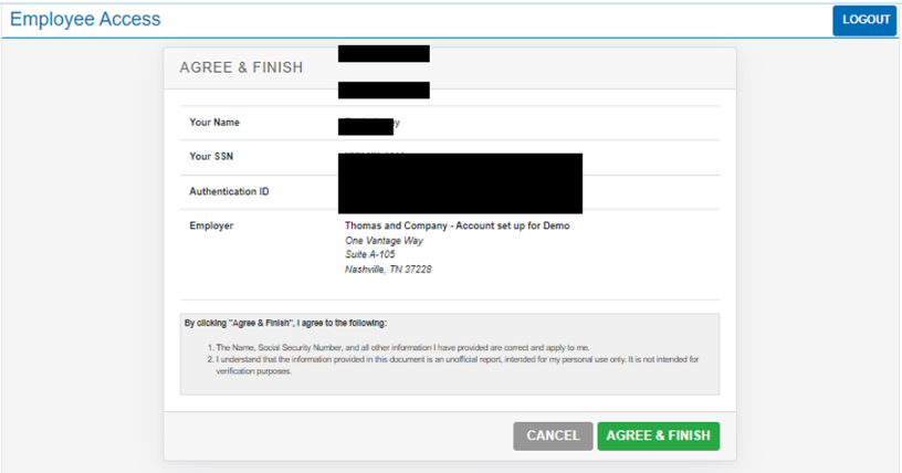 Agree & Finish confirmation page