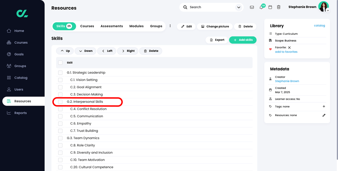 Resources, Skills page with a list of skills and an individual skill highlighted