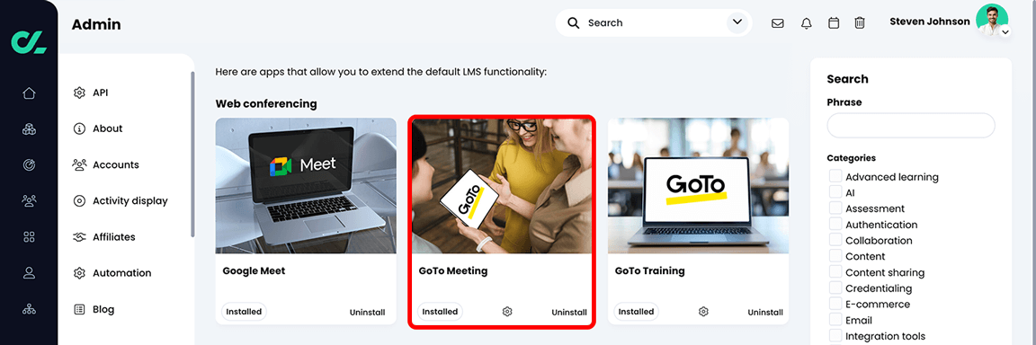 Admin, App center with the GoTo Meeting app highlighted