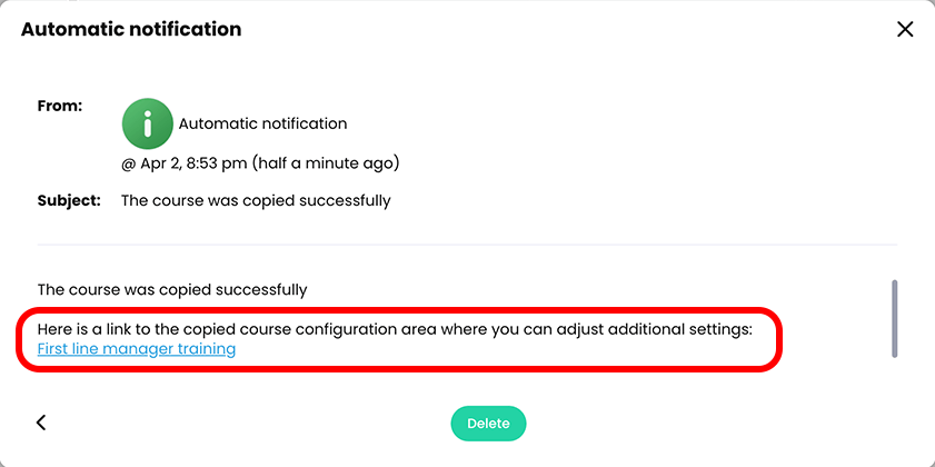 Automatic notification for a successfully copied course with the link to the course highlighted