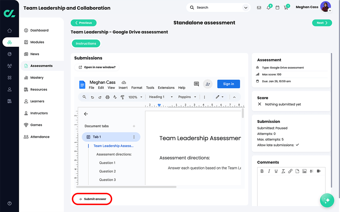 Learner view, Course, Assessments, Google Drive assessment, Submissions page with an embedded Google Doc and the Submit answer button highlighted