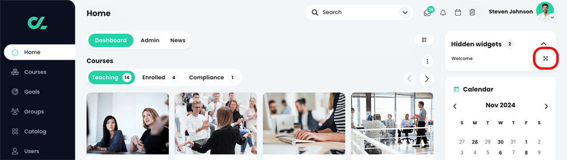 Home dashboard with the Hidden widgets block and the Expand icons visible for two widgets