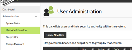 PanatrackerGP User Administration screen