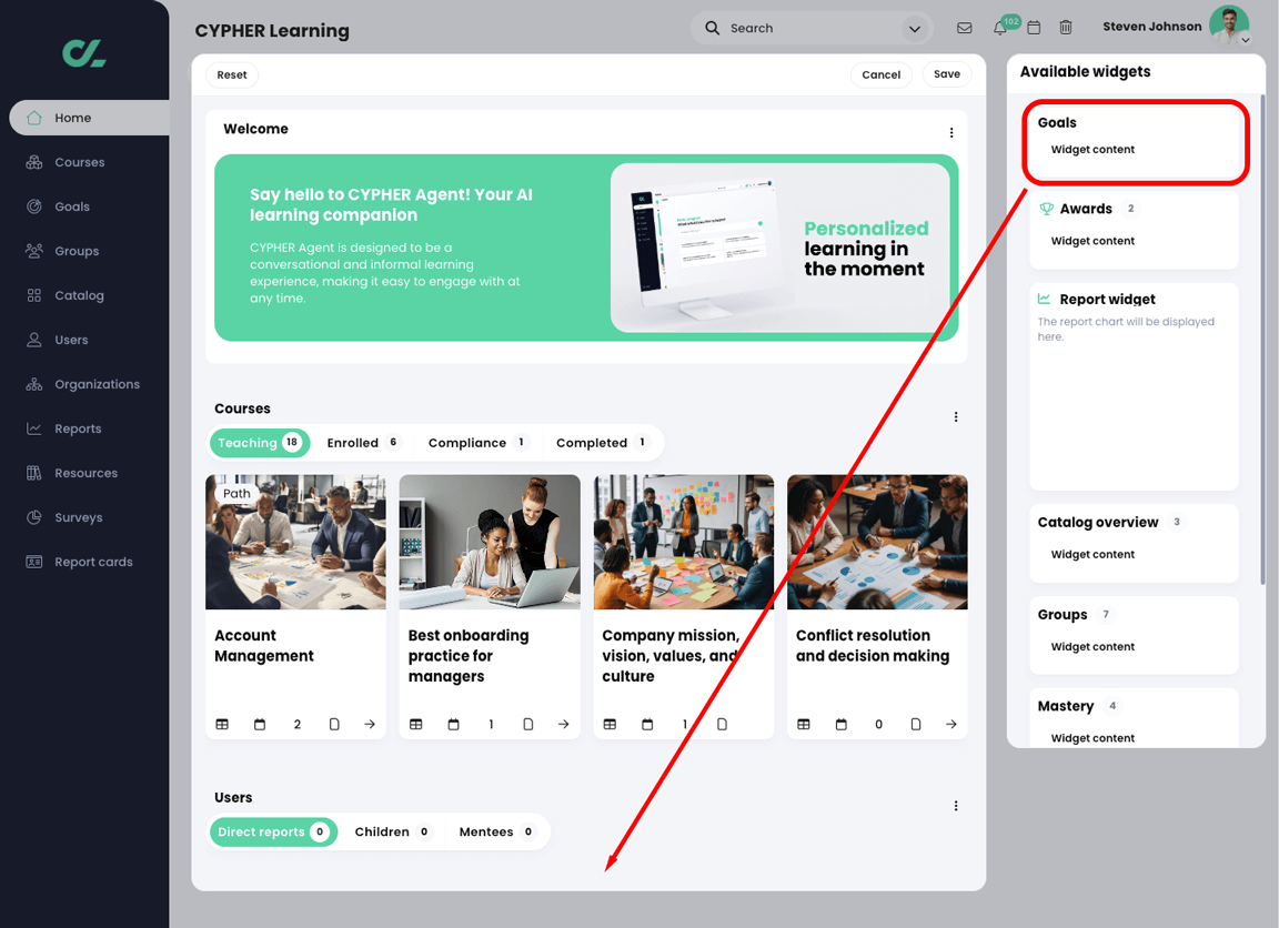 Edit widget mode with the Goals widget highlighted in the right column with an arrow pointing at the center panel